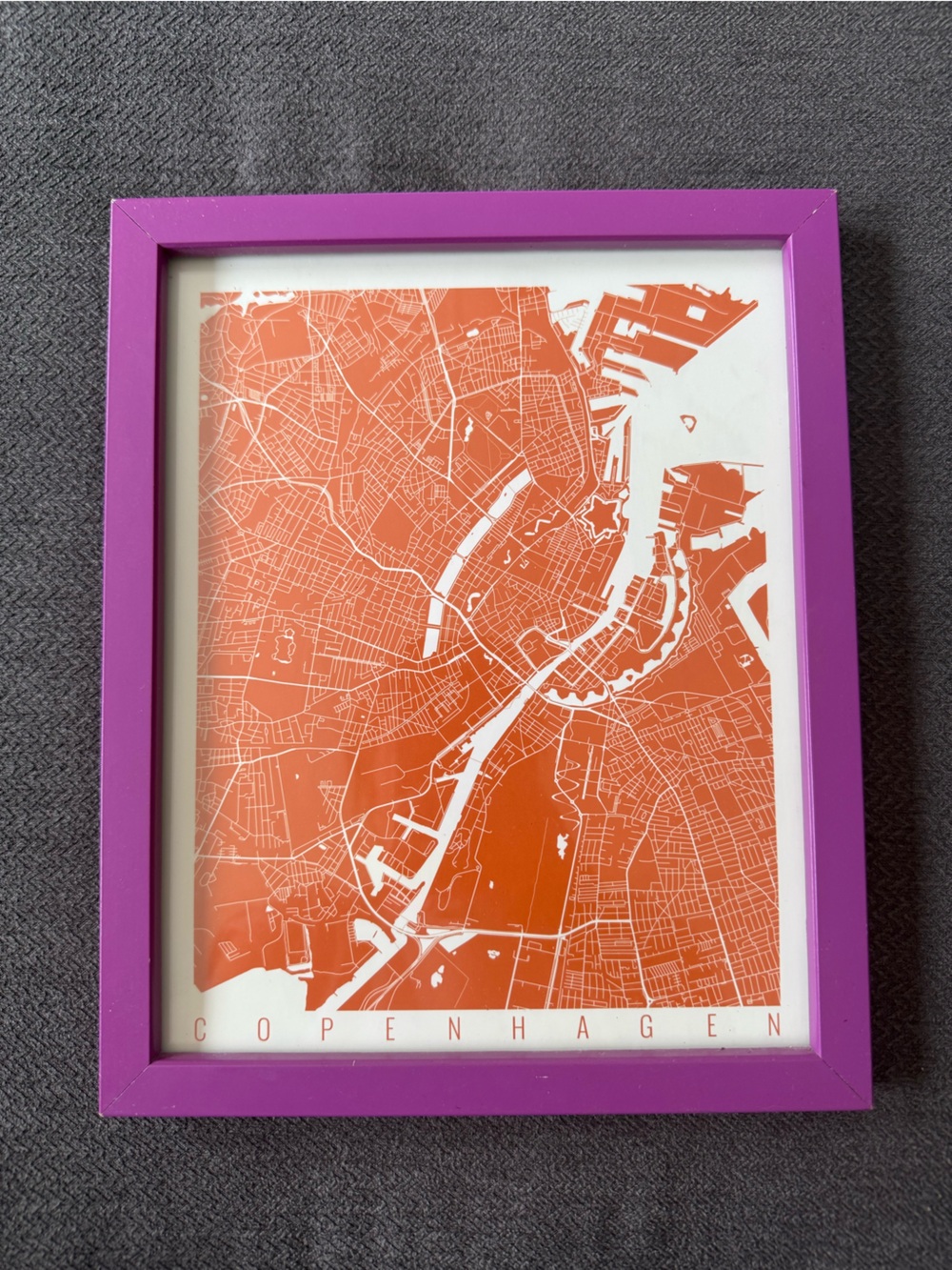 Copenhagen City Map Art Print in Orange with Purple Frame